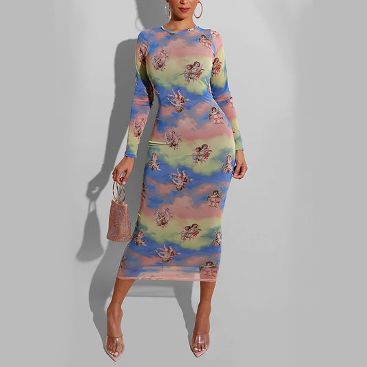 Round-Neck Long-Sleeved Bodycon Mesh Printed Midi Dress Wholesale Dresses