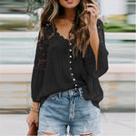 Solid Color Long Sleeve Deep-V Pullover Hollow Fashion Women'S Lace Shirts Wholesale Blouse
