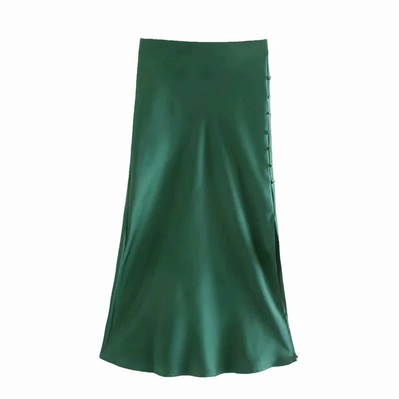 Solid Color High Waist Single Breasted Slit Slim Business Casual Women A-Line Satin Skirts Wholesale