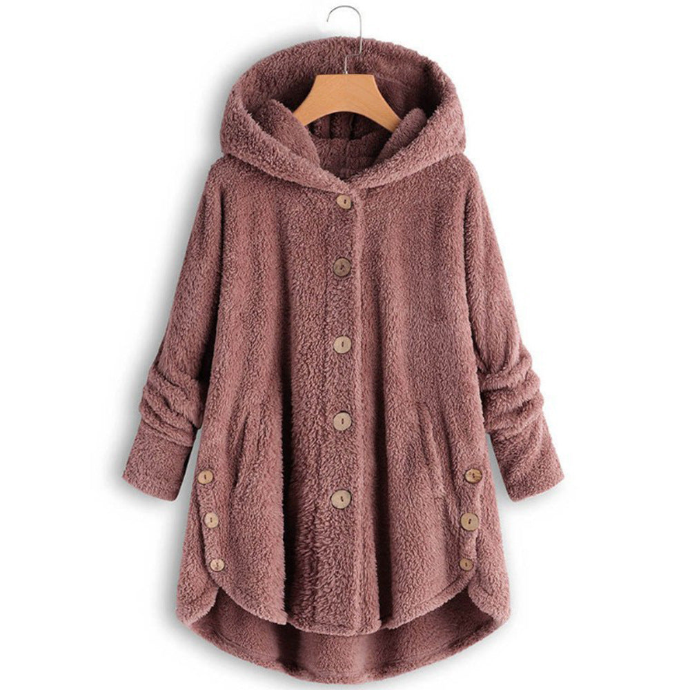 Button Plush Top Solid Color Hooded Jacket Casual Cardigan Wholesale