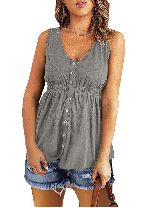 Plain Color Sleeveless V Neck Button Down Wholesale Flowy Tank Tops for Summer