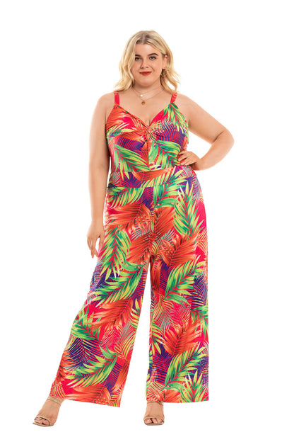 Women Fashion Sleeveless Leaf Print Wholesale Plus Size Jumpsuits Rompers Summer