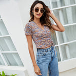 Summer Casual V-Neck Print T Shirt Elastic Slim Short Sleeve Smocked Wholesale Crop Tops