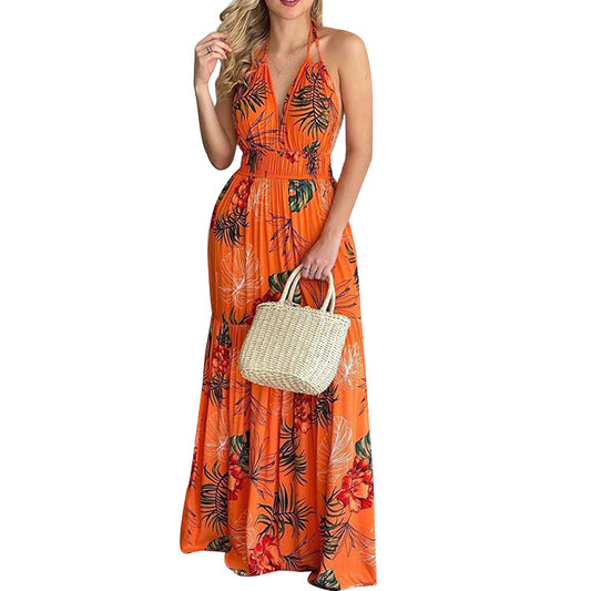 Halterneck Floral Print Sling Resort Sundresses Nipped Waist Backless Swing Dress Sexy Wholesale Maxi Dresses