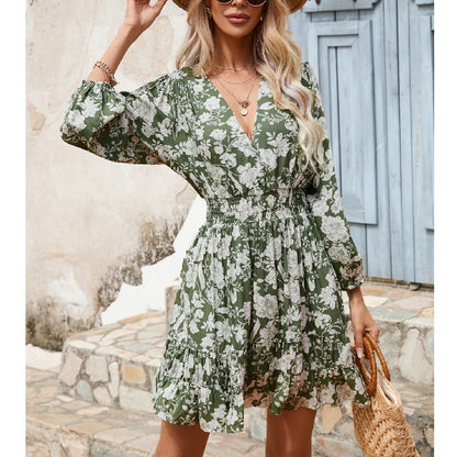 Floral Print V-Neck Nipped Waist Swing Ruffle Dress Wholesale Dresses