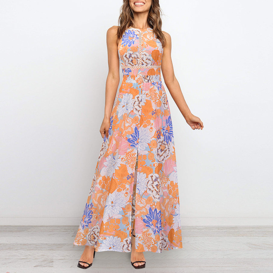 Floral Print Sleeveless High Split Wholesale Maxi Dresses Summer