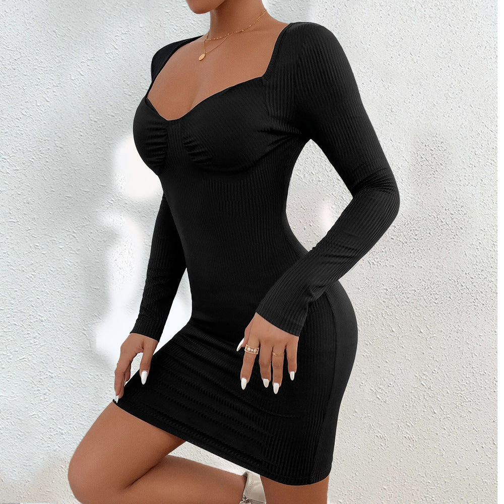 Sexy Square Collar Dress Long Sleeve Bodycon Solid Color Wholesale Dresses