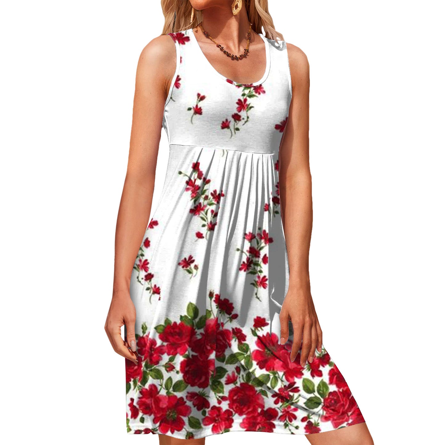 Casual Print Sleeveless Tank Dress Round Neck High Waist A-Line Wholesale Dresses