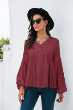 Solid Color Button V-Neck Lantern Sleeve Casual Shirts Wholesale Blouse Business Casual Women