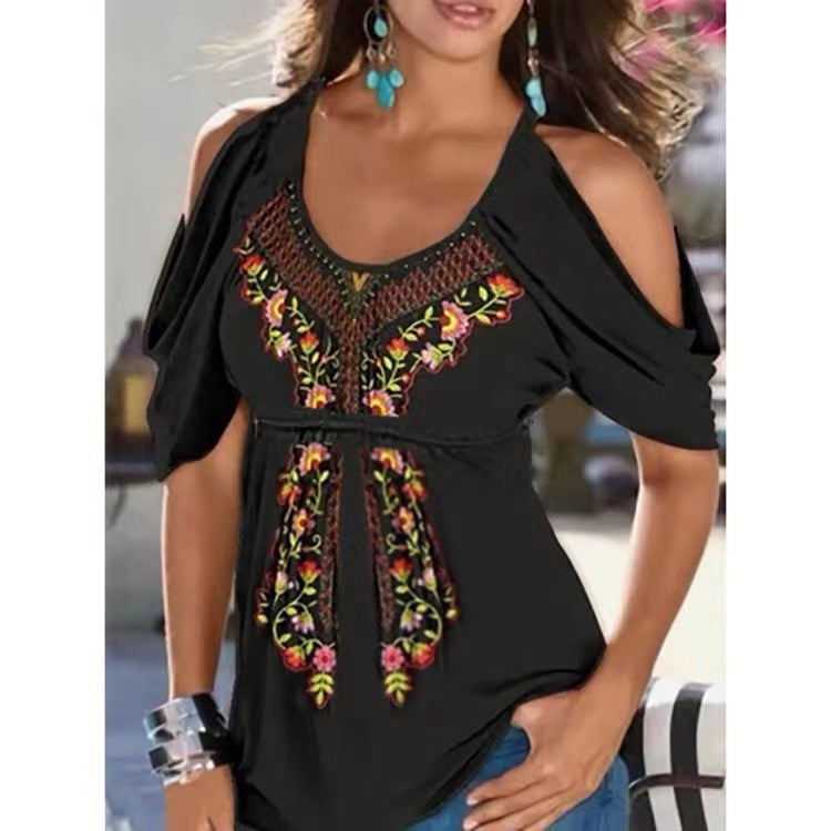 Summer Sexy Print Tops Loose Short Sleeve Women Wholesale Off Shoulder T Shirts