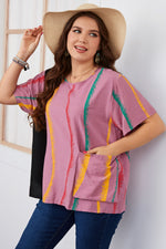 Striped Print Short Sleeve Casual Loose Wholesale Plus Size Tops with Pockets