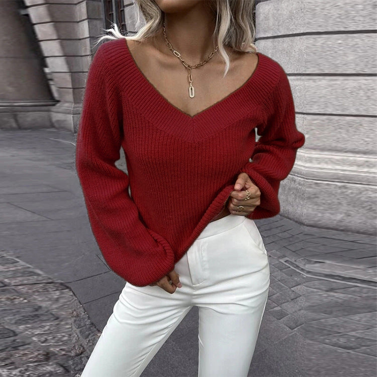 V-Neck Loose Pullover Balloon Sleeve Knit Sweater Wholesale Womens Tops