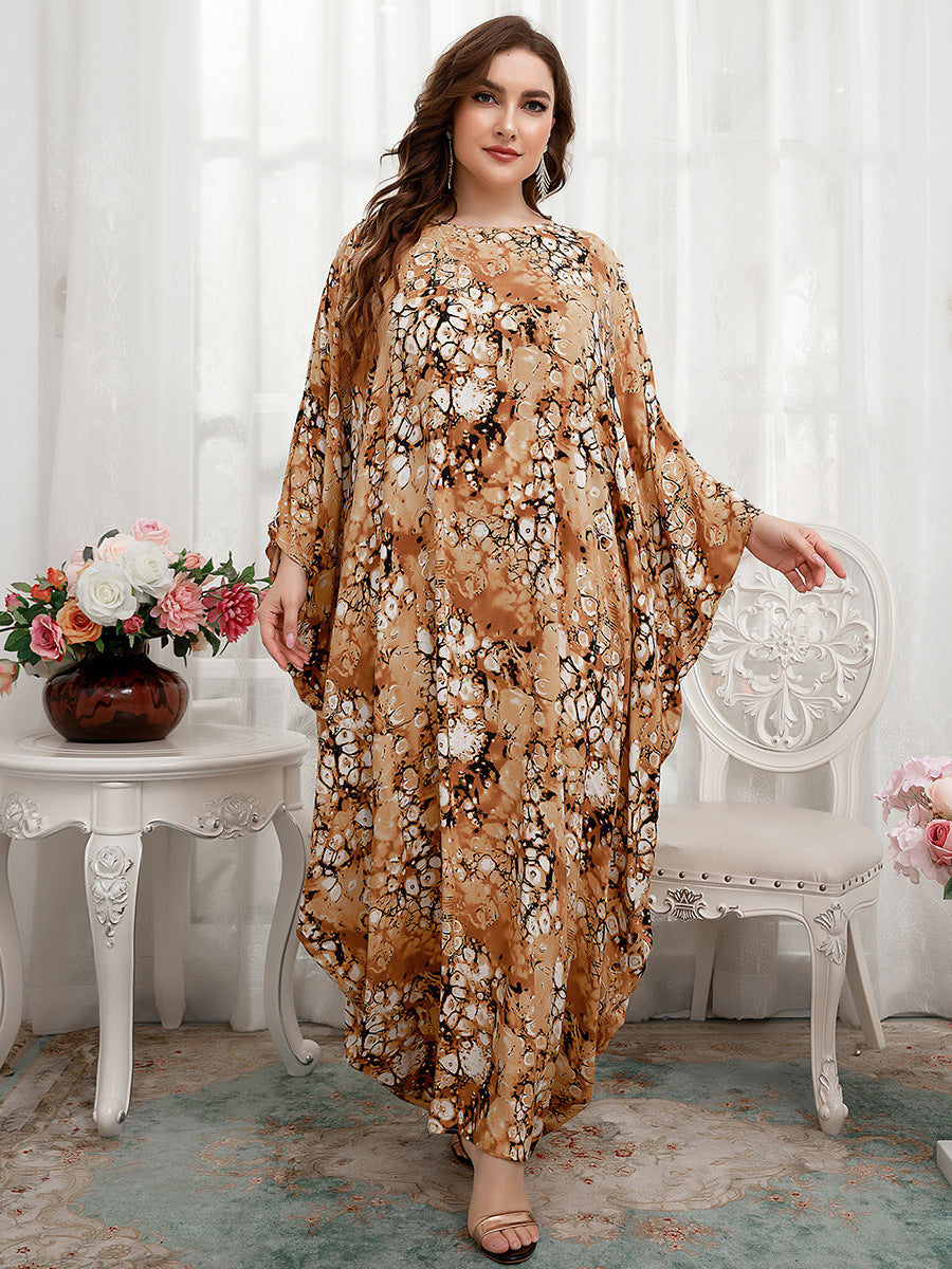 Printed Oversized Doll Sleeve Curvy Maxi Dresses Wholesale Plus Size Clothing