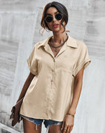 Summer Short Sleeve Solid Color Business Casual Womens Lapel Satin Shirts Wholesale Blouse