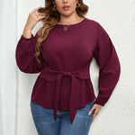 Wholesale Plus Size Women Clothing Solid Color Round Neck Long Sleeve Lace Up Slim Top