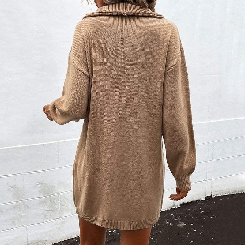 Solid Color Long Sleeve Lapel Sweater Dress Wholesale Dresses