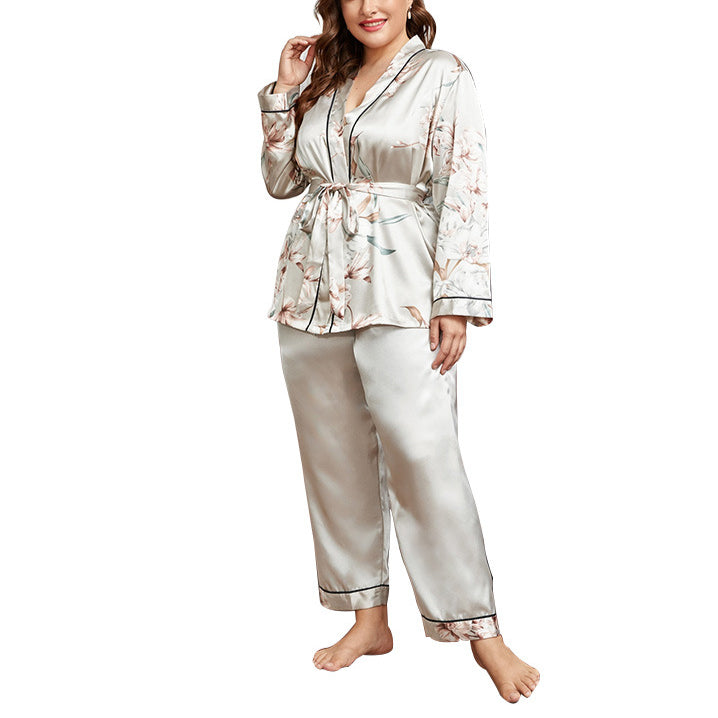 Printed Lace-Up Night-Robe & Trousers Curvy Satin Pajamas Casual Womens 2pcs Sets Loungewear Wholesale Plus Size Clothing