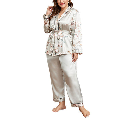 Printed Lace-Up Night-Robe & Trousers Curvy Satin Pajamas Casual Womens 2pcs Sets Loungewear Wholesale Plus Size Clothing