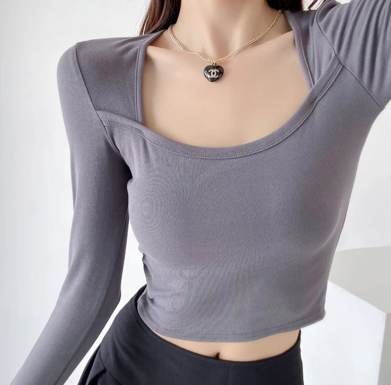 All-Match Long-Sleeved Square Collar Slim-Fit Solid Color Crop Top Wholesale Women Tops