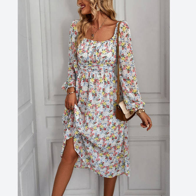 Floral Print Long Sleeve Square Neck Midi Dress Wholesale Dresses