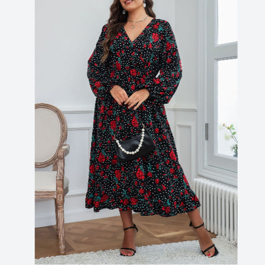 Floral Print Long Sleeve V Neck Wholesale Plus Size Dresses