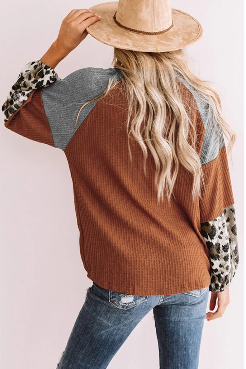 Leopard Print Stitching Fashion Waffle Long Sleeve Pullovers Casual Wholesale Blouse Womens T Shirts