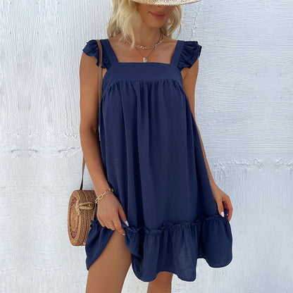 Solid Color Short Loose Sling Ruffled Dress Wholesale Dresses