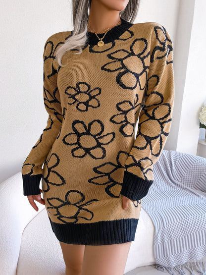 Fashion Long-Sleeved Flower Print Knitted Dress Wholesale Dresses