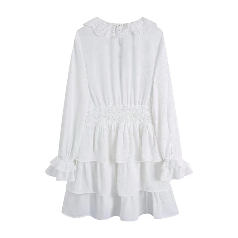 V Neck Ruffled Collar Elastic Waist Long Sleeve Cake Dress Wholesale Dresses