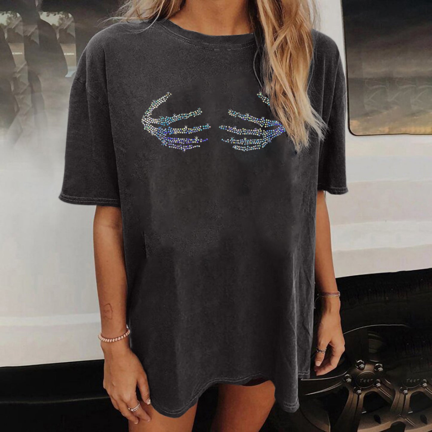 Loose Fashion Short Sleeve Summer Sequin Tops Wholesale Women'S T Shirts