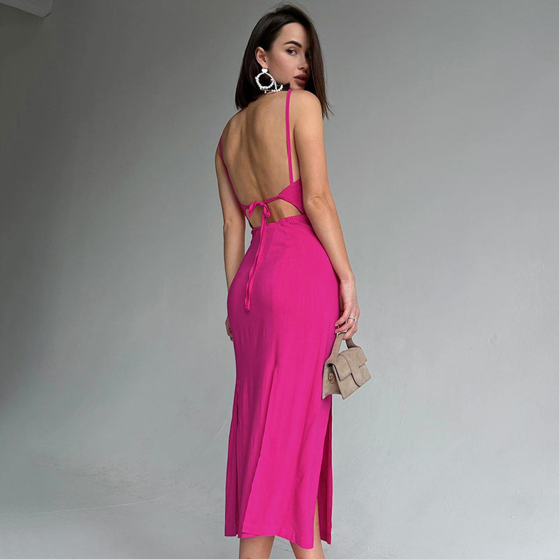 Sexy Deep V Sling  Tie-Up Backless Solid Color Slit Midi Dress Wholesale Dresses