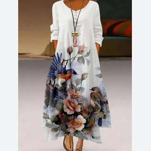 Fashion Print Maxi Dress Irregular Hem Long Sleeve Loose Swing Wholesale Dresses