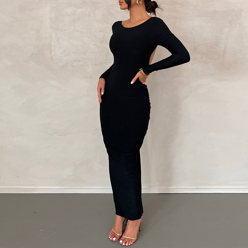 Solid Color Long Sleeve Sexy Backless Pleated Dress Wholesale Maxi Dresses