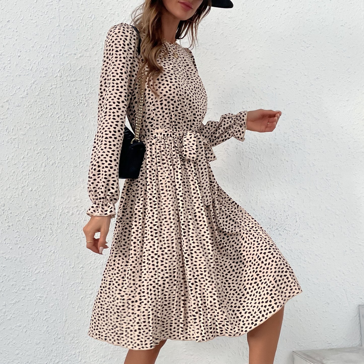 Leopard Print Long Sleeve Pleated Dress Wholesale Dresses