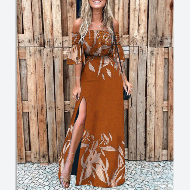 Off Shoulder Printed Nipped Waist Slit A-Line Dress Fashion Wholesale Maxi Dresses