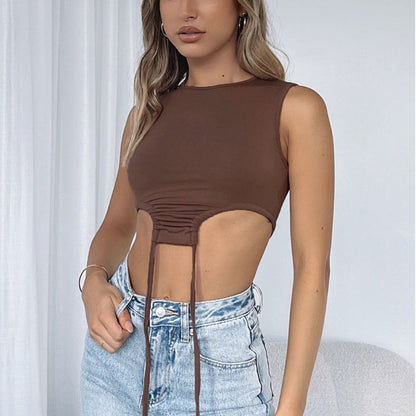 Sexy Cutout Drawstring Vest Crew Neck Solid Color Skinny Wholesale Crop Tops