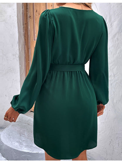 Solid Color V Neck Tie-Up Long Sleeve Pleated Dress Wholesale Dresses