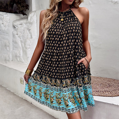 Fashion Print Halter Neck Dress Casual Resort Swing Wholesale Womens Bohemian Dresses With Pockets