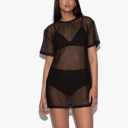 Sexy Short Sleeve See-Through Mini Shirt Dress Wholesale Dresses