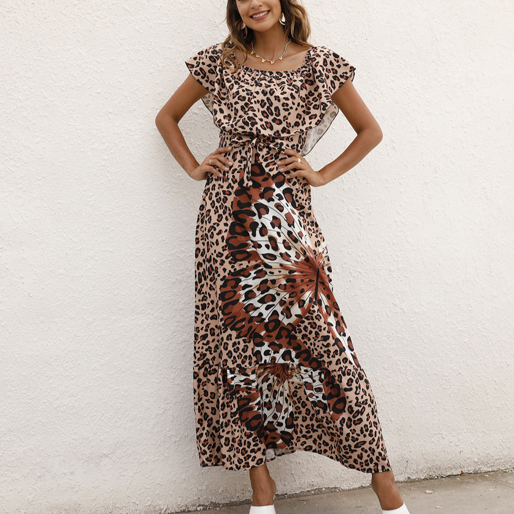 Leopard & Floral Printed Ruffled Off Shoulder Wide Lapel Resort Dress Wholesale Maxi Dresses