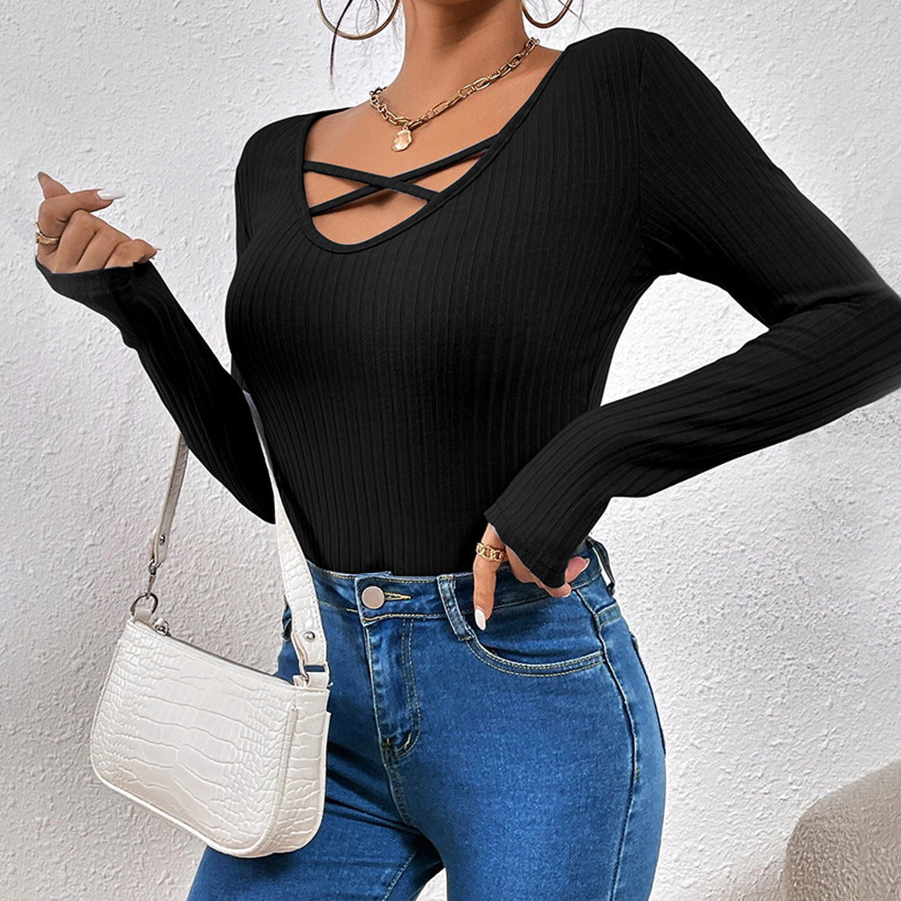 V-Neck Slim Fit Long Sleeves Casual T-Shirts Wholesale Womens Tops