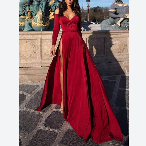 Slash Neck Side Split Swing Wholesale Red Prom Dresses For Valentine