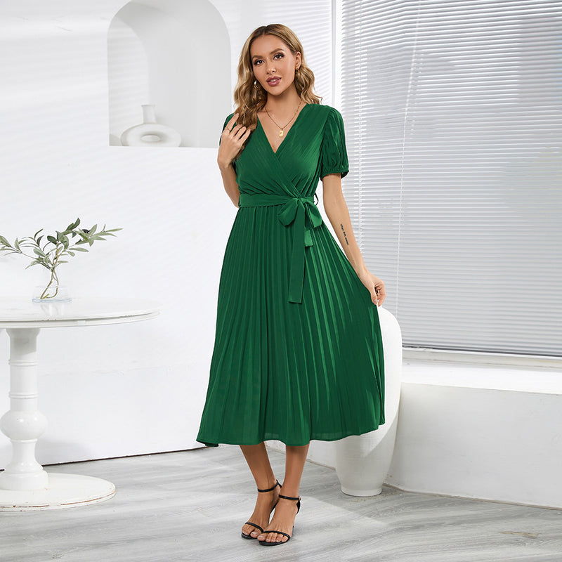 V-Neck Puff Sleeves Pleated Slim Solid Color Commuter Temperament Midi Dress Wholesale Dresses