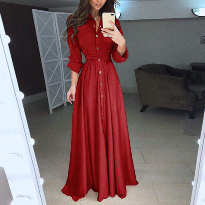 Slim Long Sleeve Button Tie Shirt Dress Wholesale Maxi Dresses