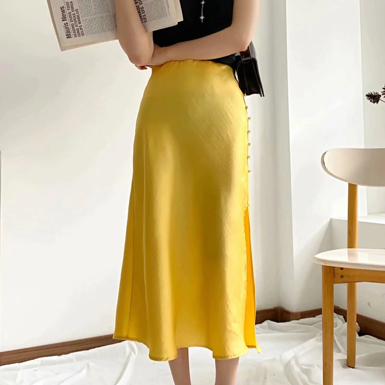 Solid Color High Waist Single Breasted Slit Slim Business Casual Women A-Line Satin Skirts Wholesale