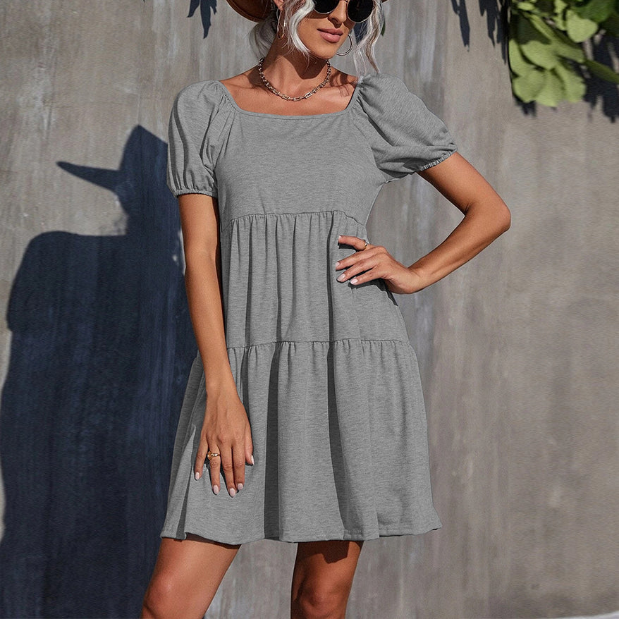 Solid Color Puff Sleeve Square Neck Wholesale Swing Dresses