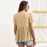 Pleated Floral Print V-Neck Loose Casual Tops Short Sleeve Blouse Wholesale Women'S T Shirts ST55560