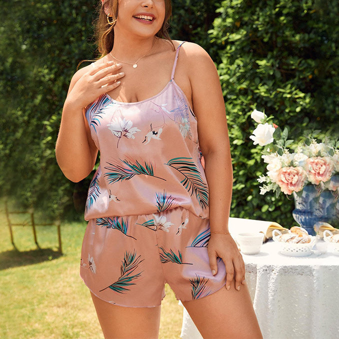 Printed Sexy Suspender & Shorts Curvy Pajamas Sets Wholesale Plus Size Clothing