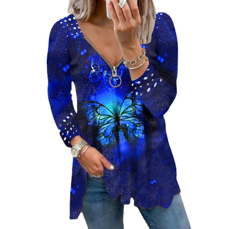 Fashion Printed V-Neck Zip Pullover Casual Blouse Womens Long Sleeve T-Shirt Wholesale Tunics Tops