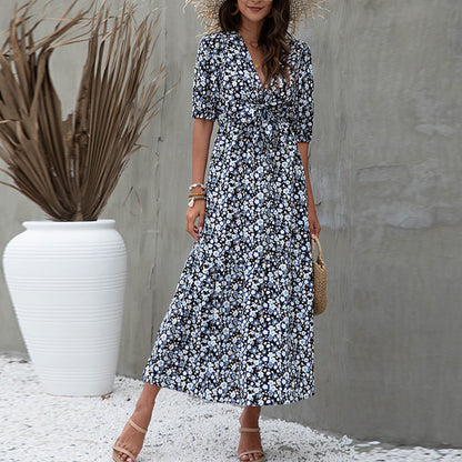 Fashion Lantern Sleeve Knotted Print Midi Dress Sexy Side Slit V Neck Wholesale Dresses